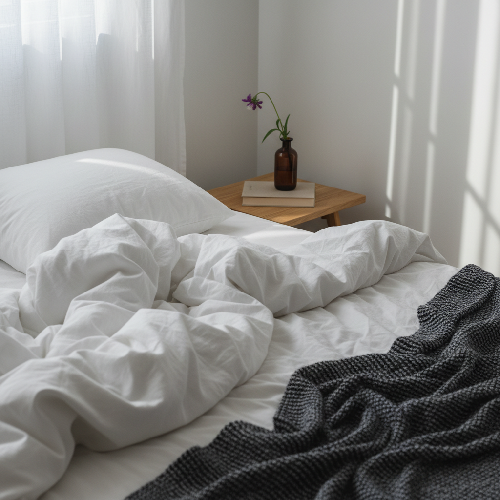 An unmade bed in a minimalist bedroom, with crisp white linen sheets loosely tangled and a single dark, textured throw blanket halfway folded back, as if someone just rose from a long, thoughtful night. On the bedside table sits a small, dark-glass vase with one slightly drooping wildflower and a closed hardcover book with a plain linen cover. Early morning light filters through sheer curtains, casting soft, diffused rectangles on the wall and creating delicate shadows in the folds of the bedding. Photographic realism, captured from a slightly elevated corner angle with a gentle, airy palette and shallow depth of field, conveying vulnerability, quiet transition, and the intimate moments that mark life’s second chapter.