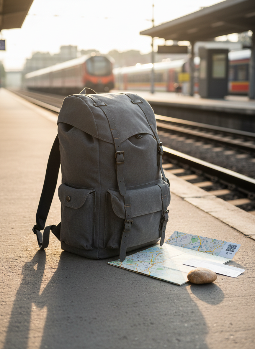 A meticulously packed, medium-sized canvas travel backpack in muted charcoal gray, standing upright on a train station platform of pale concrete, its straps slightly frayed from years of use. Beside it lies a folded city map, a paper boarding pass, and a single smooth river stone. Soft, golden-hour sunlight stretches long shadows across the platform, catching the metal rails that disappear into the distance. In the far background, trains and signage are softly blurred, evoking movement without showing people. Photographic realism, shot from a low, three-quarter angle with the backpack anchored on the rule of thirds, conveying a mood of poised anticipation and sophisticated, understated adventure in the evolving journey of self-discovery.