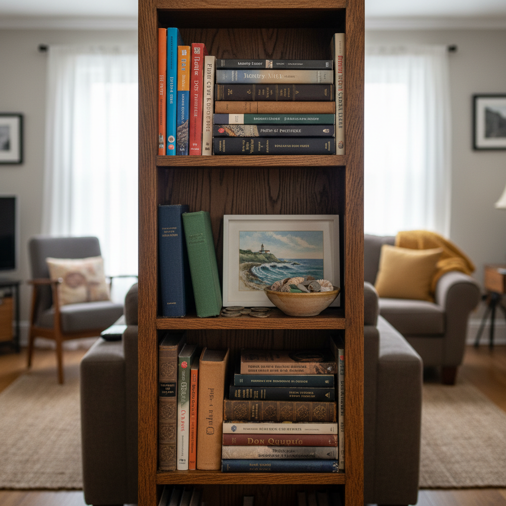 A narrow wooden bookshelf in a small, lived-in living room, its shelves filled with a curated mix of travel guides, classic novels, and a few worn notebooks with fabric covers. A single framed coastal landscape leans casually against the books, and a ceramic bowl holds collected seashells and subway tokens. Soft overcast daylight enters from an unseen window, creating even, gentle illumination that accentuates the wood grain and the matte covers of the books. The composition is photographed straight-on with moderate depth of field, keeping the central shelf in sharp focus while the edges gently blur. The atmosphere feels intimate and intellectual, suggesting a sophisticated second chapter built from accumulated stories and quiet self-reflection.
